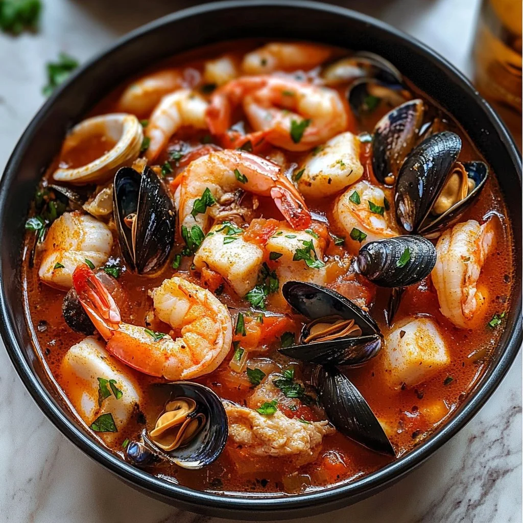 Delicious Seafood Stew Cioppino with fresh seafood and rich tomato broth.