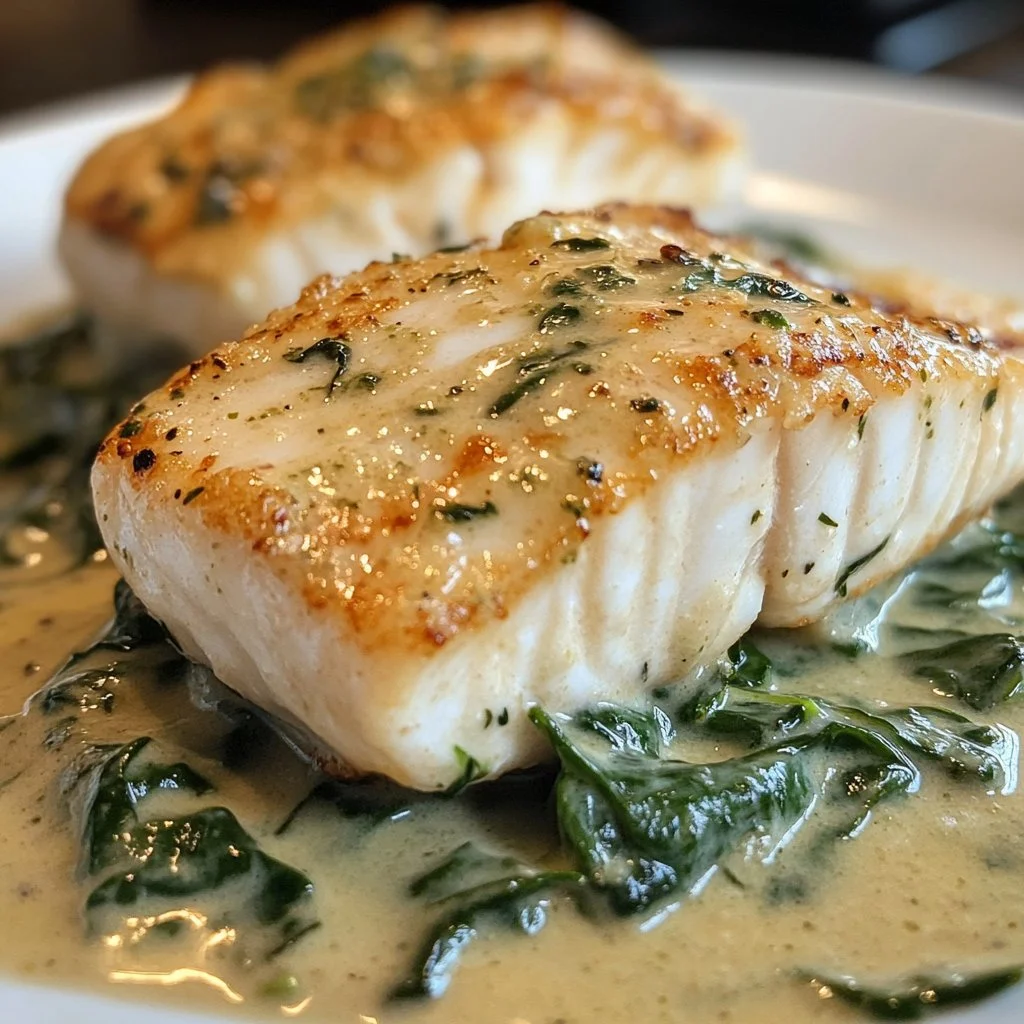 Plate of seared white fish with creamy spinach on the side