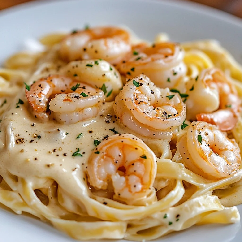 Delicious Shrimp Alfredo pasta with creamy sauce and shrimp garnish