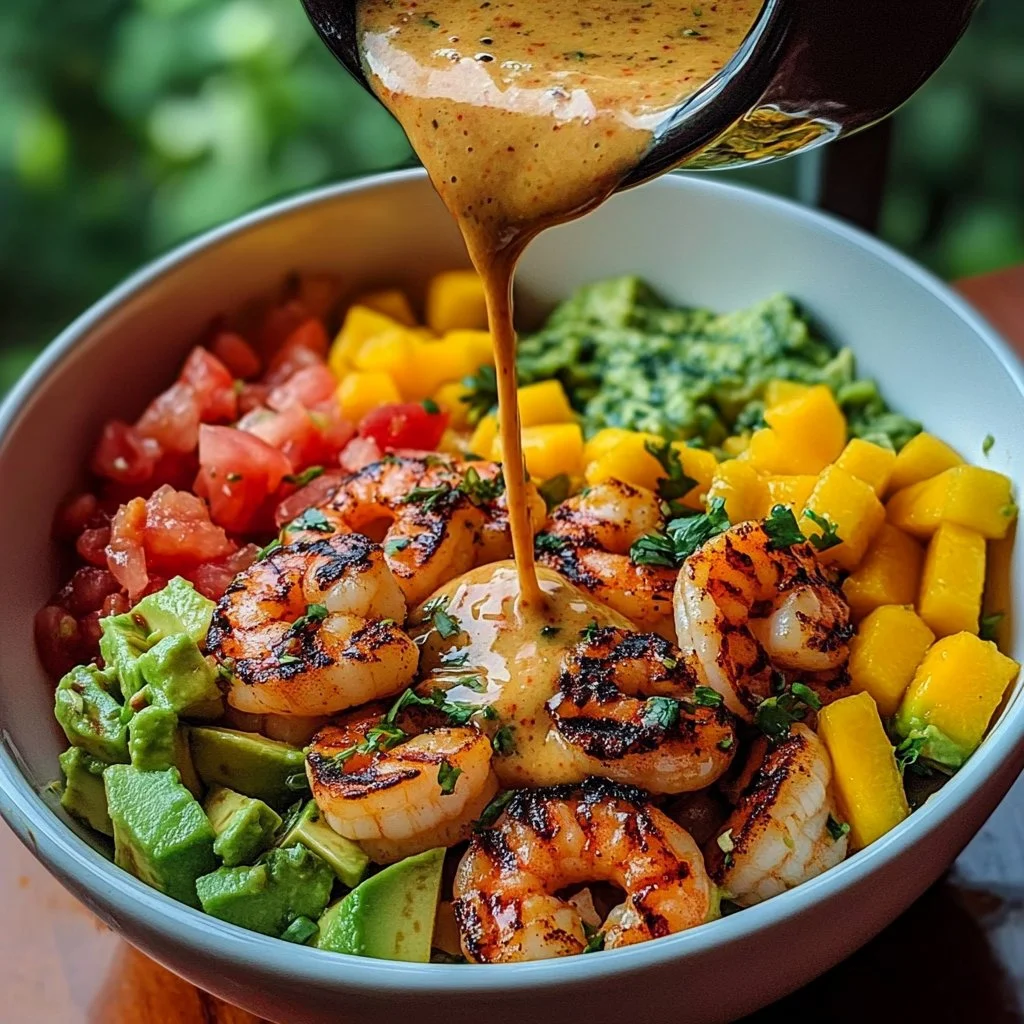 Shrimp bowls with avocado, mango salsa, and lime-chili sauce served in a colorful dish
