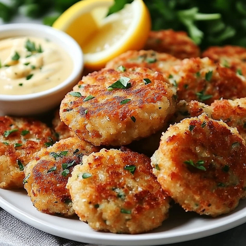 Shrimp cakes served with lemon aioli on a plate, garnished with herbs.