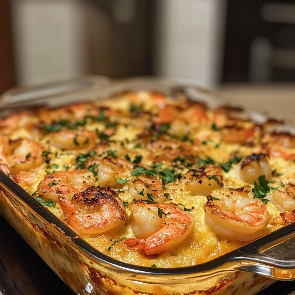 Delicious shrimp casserole fresh out of the oven, garnished and ready to serve.