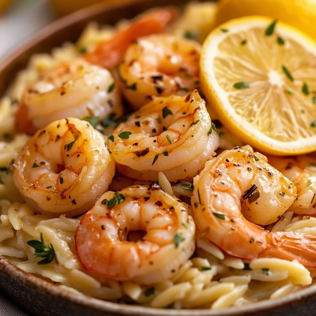 Plate of shrimp orzo in lemon garlic sauce garnished with parsley