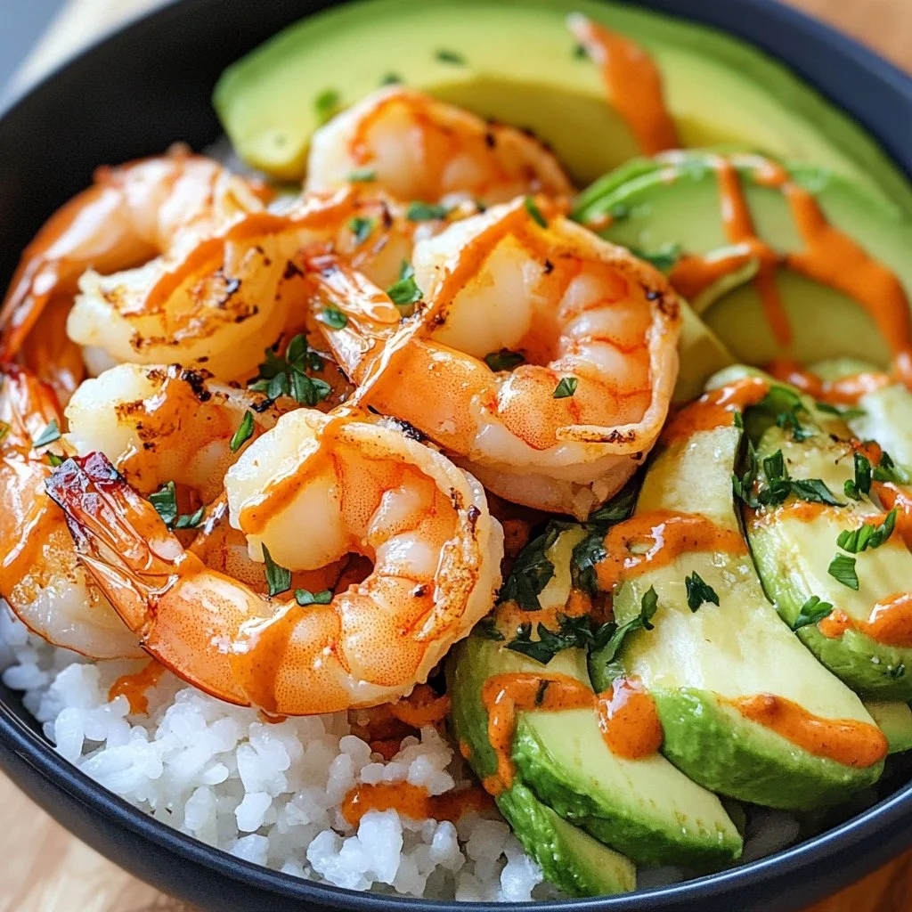 Delicious shrimp rice bowl topped with spicy mayo and fresh vegetables.