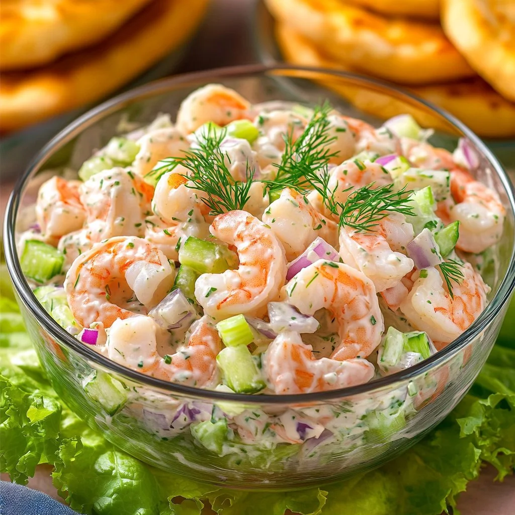 A delicious shrimp salad with fresh vegetables and a tangy dressing.