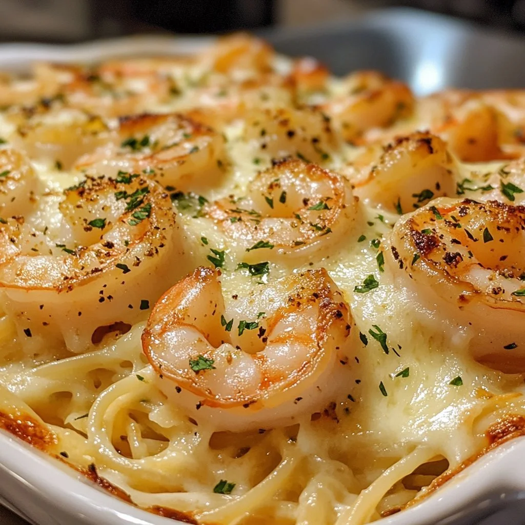 Shrimp Scampi Bake served in a baking dish with herbs and garlic