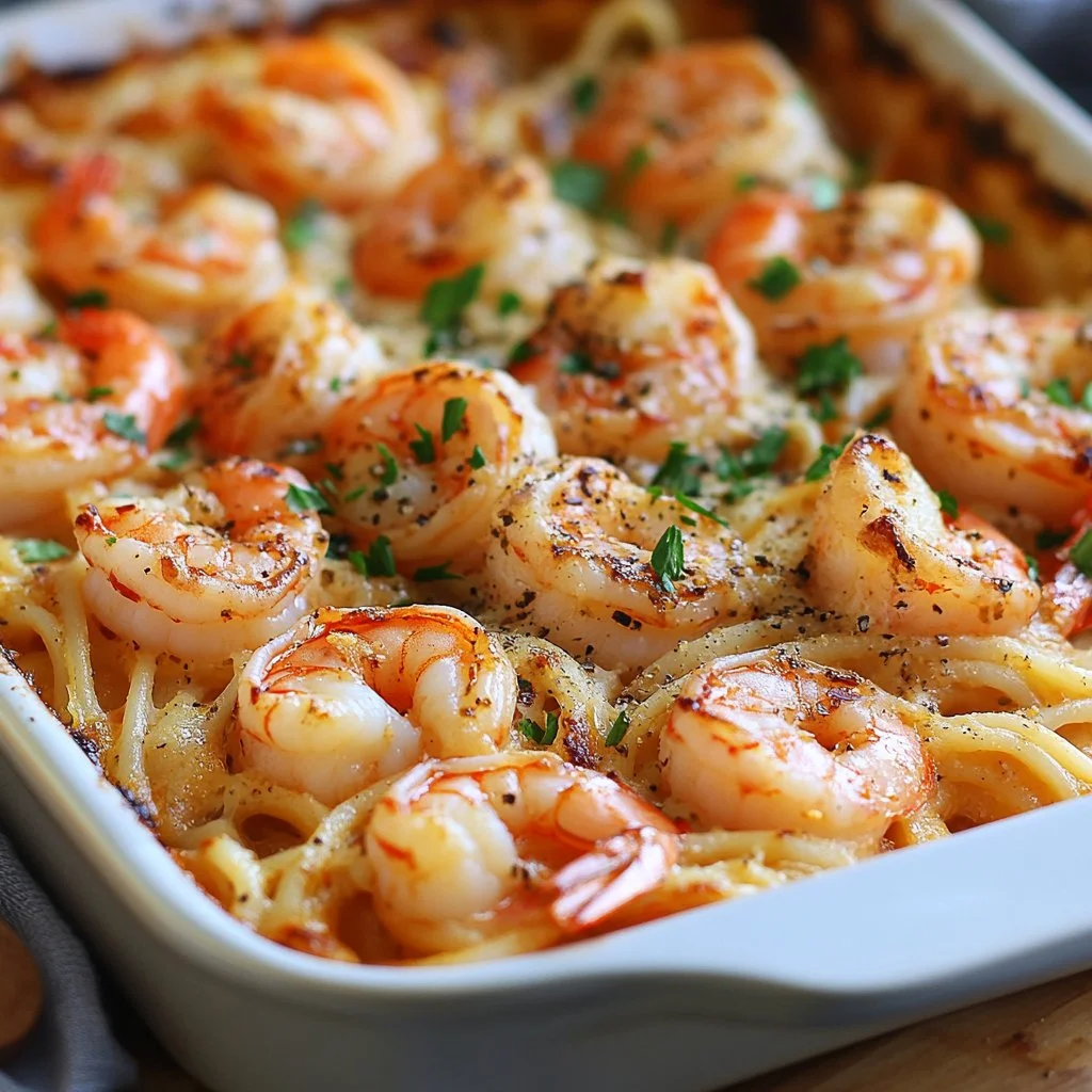 Shrimp Scampi Pasta Bake topped with herbs and cheese in a baking dish