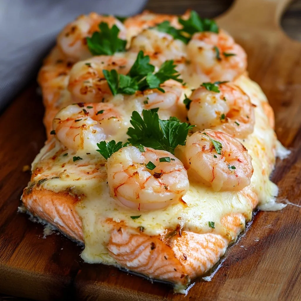Delicious shrimp stuffed salmon dish garnished with herbs