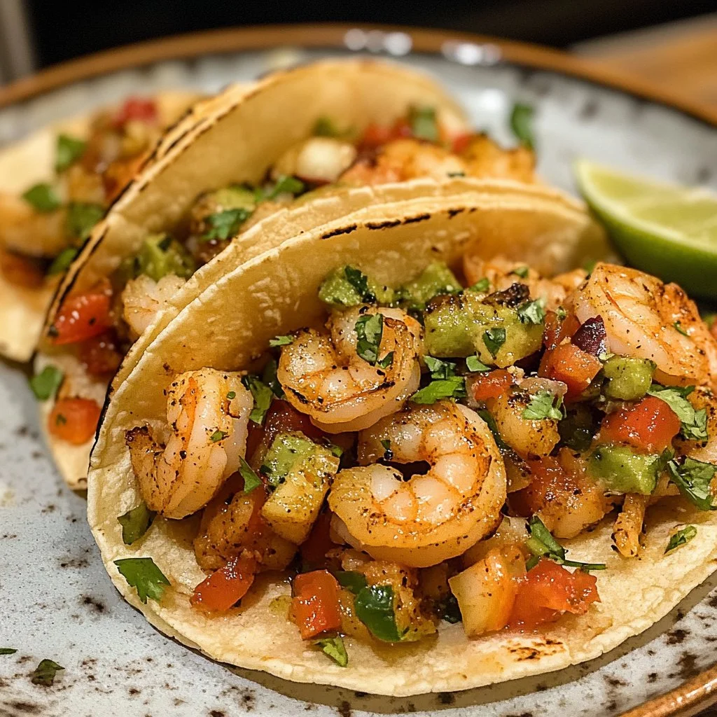 Delicious shrimp tacos served with fresh toppings and vibrant salsa.