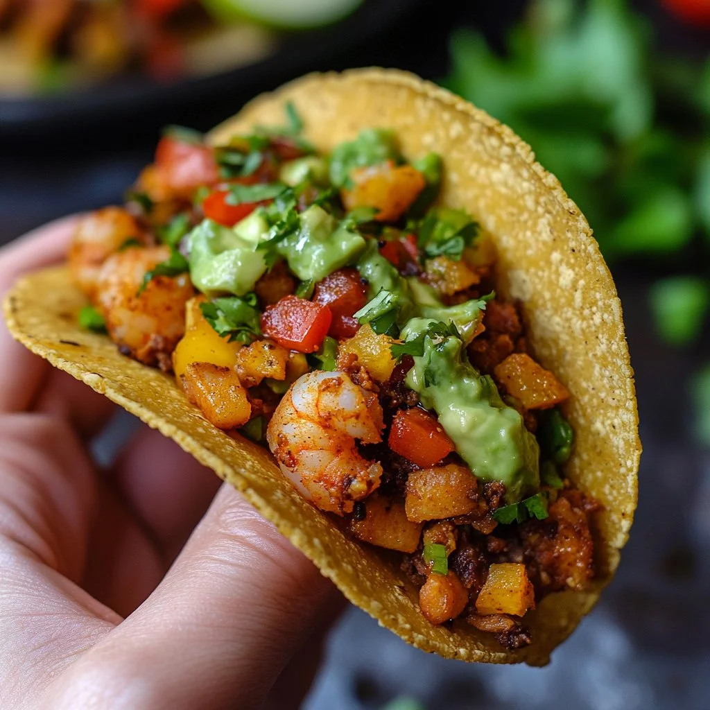 Shrimp tacos with avocado lime dipping sauce on a plate
