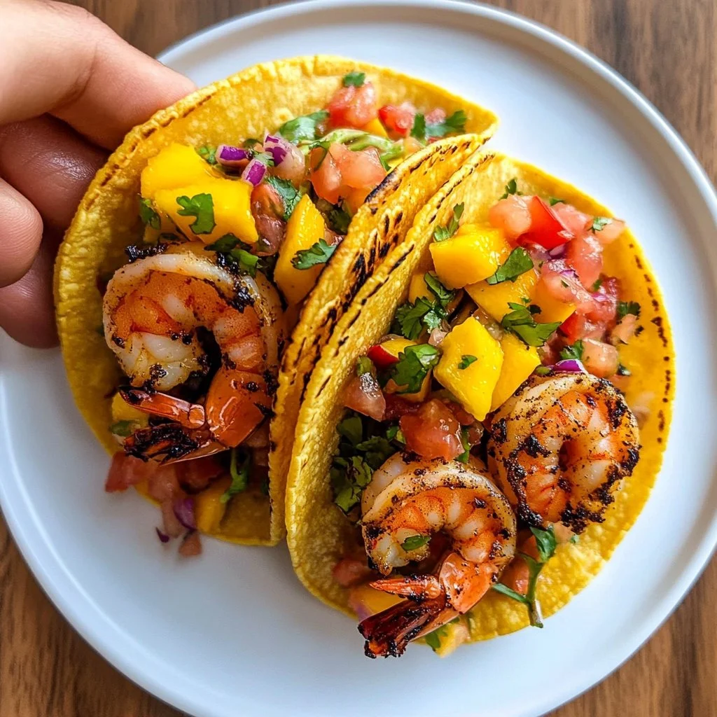 Shrimp tacos with cilantro lime slaw and peach salsa on a plate
