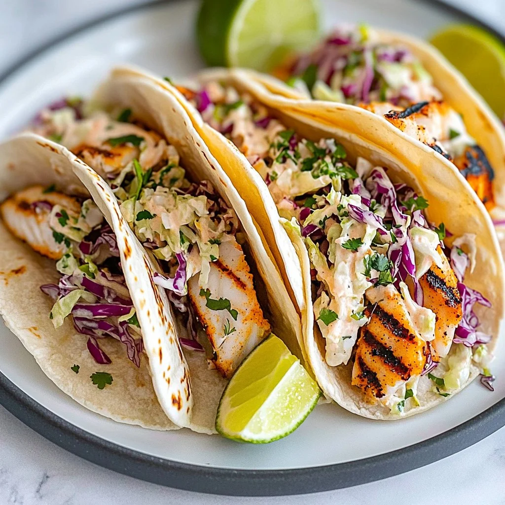 Delicious simple grilled fish tacos with cabbage slaw on a plate