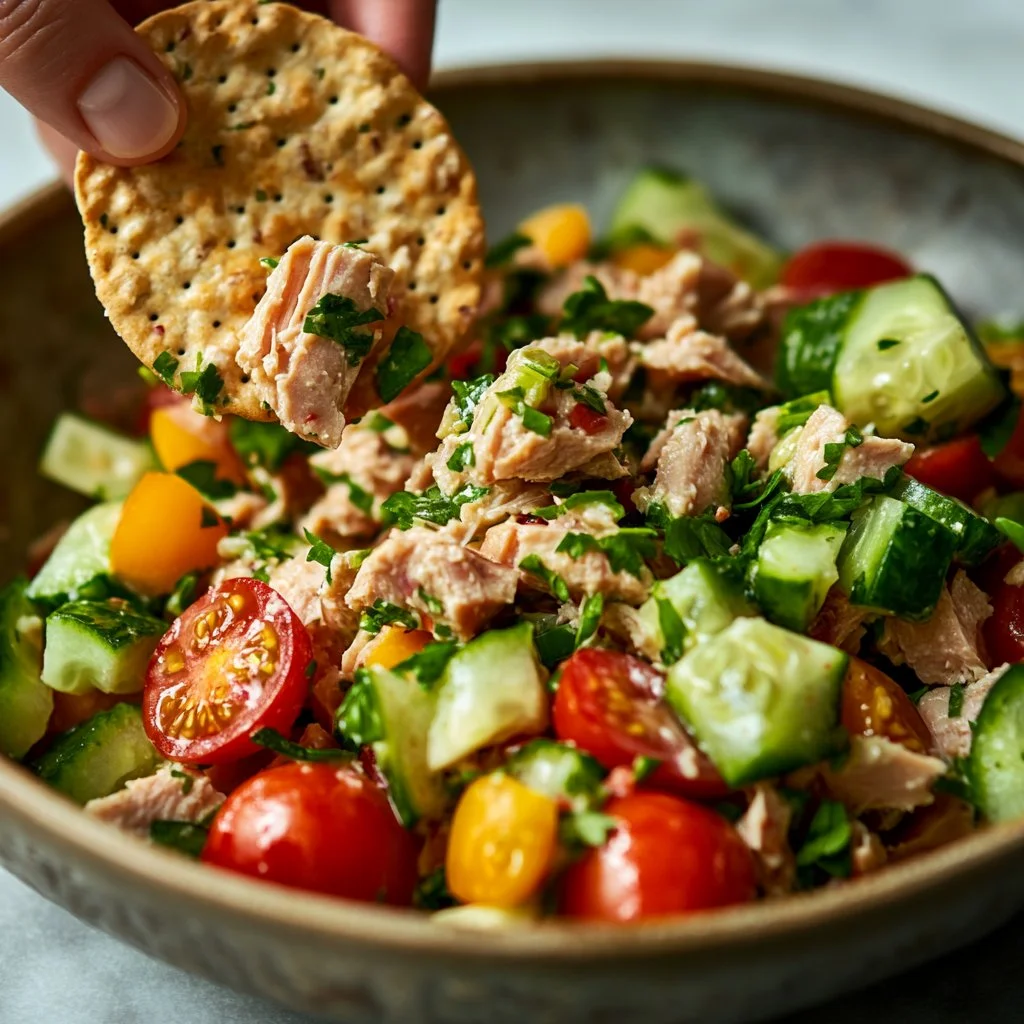 Bowl of simple Mediterranean Tuna Salad with fresh vegetables and olive oil