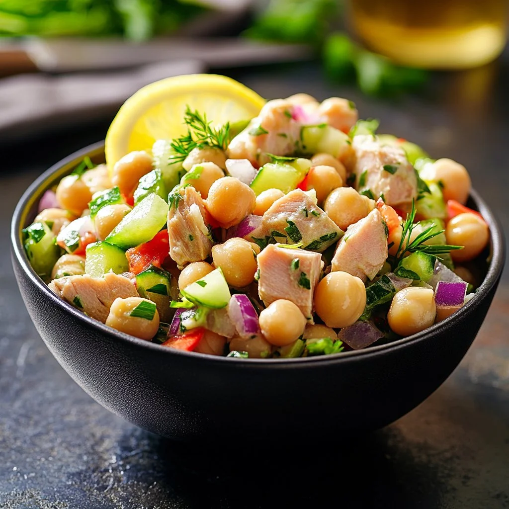 Delicious simple tuna chickpea salad served in a bowl
