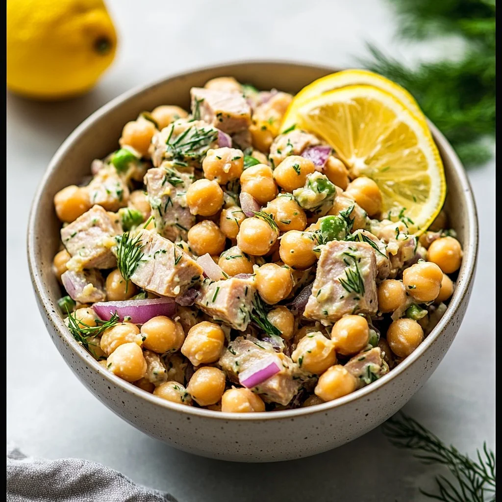 Healthy simple Tuna Chickpea Salad with fresh vegetables and a lemon dressing