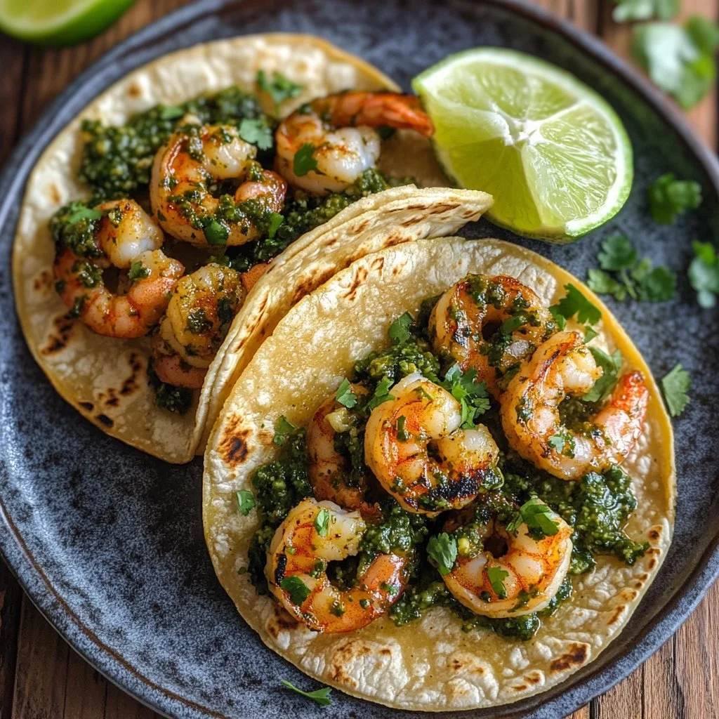 Delicious sizzling shrimp tacos served on a plate with toppings.