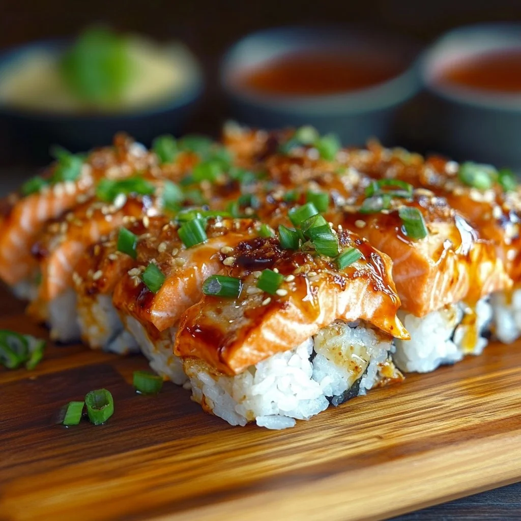 Spicy Salmon Sushi Bake with layers of rice, salmon, and spicy mayo on top.