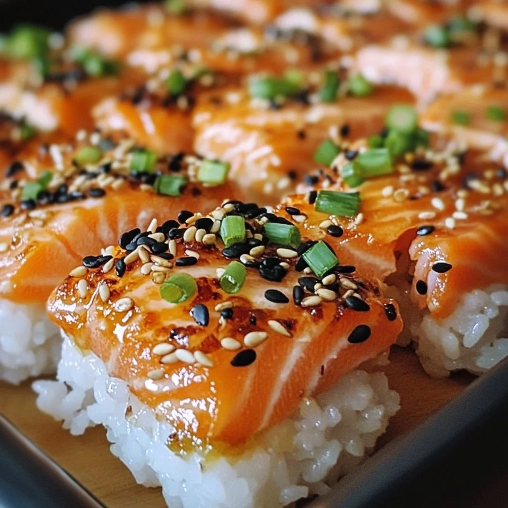 Spicy salmon sushi bake topped with green onions and avocado.