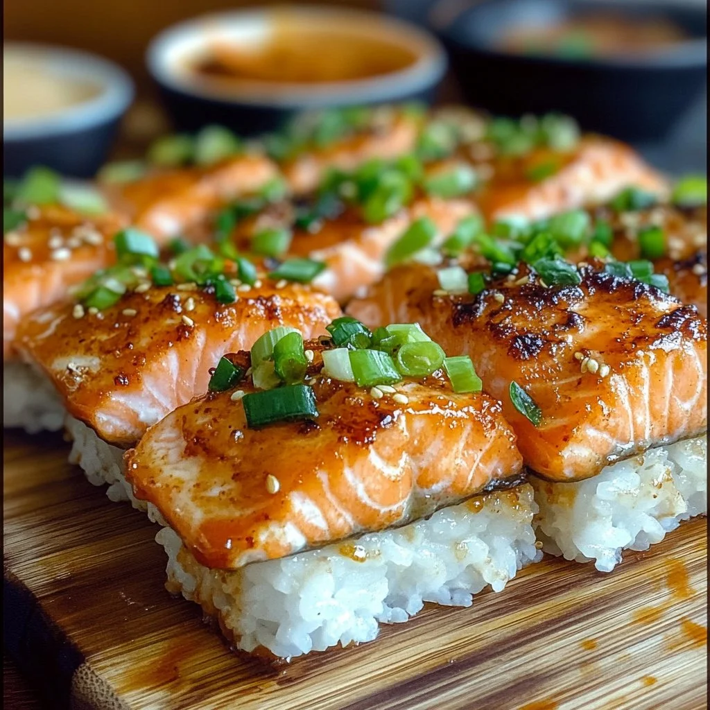 Delicious Spicy Salmon Sushi Bake served in a dish, garnished with herbs.