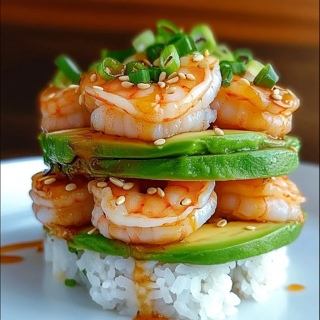 Spicy shrimp sushi stacks with layers of fresh ingredients and vibrant presentation