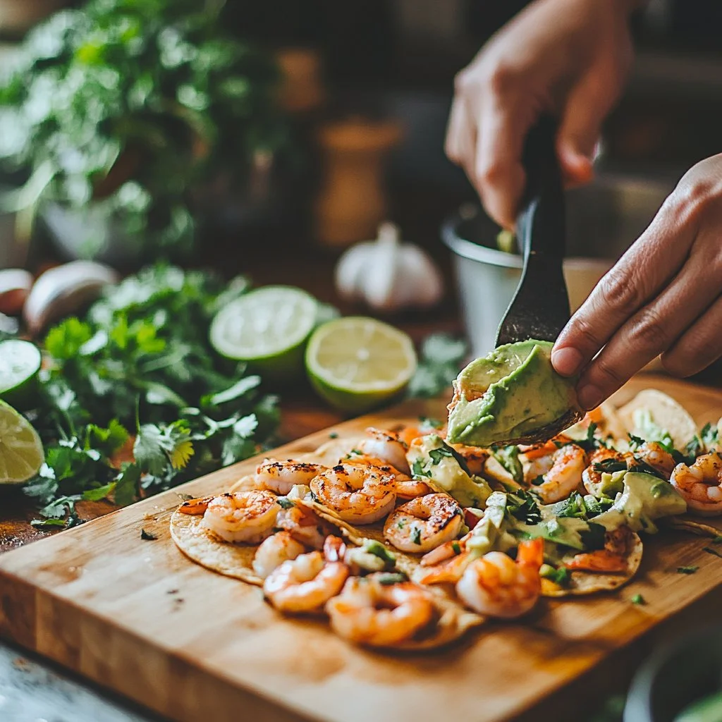 Delicious spicy shrimp tacos with vibrant toppings and fresh ingredients