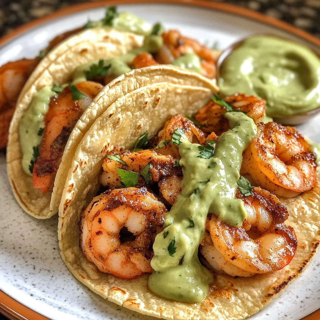 Spicy shrimp tacos garnished with avocado crema on a plate