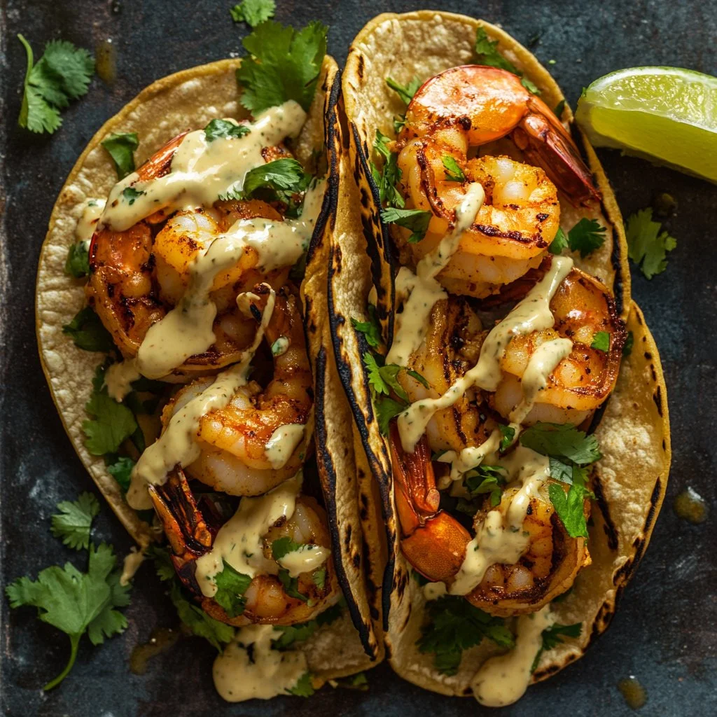 Delicious spicy shrimp tacos topped with creamy sauce