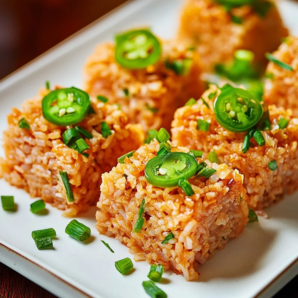 Spicy Tuna Crispy Rice served with vibrant garnishes and sauces.