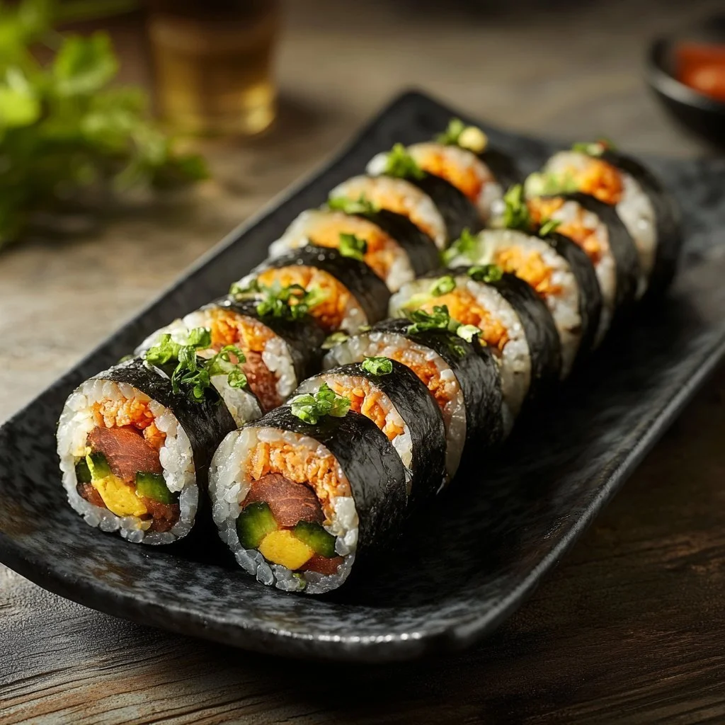 Delicious spicy tuna rolls served on a plate