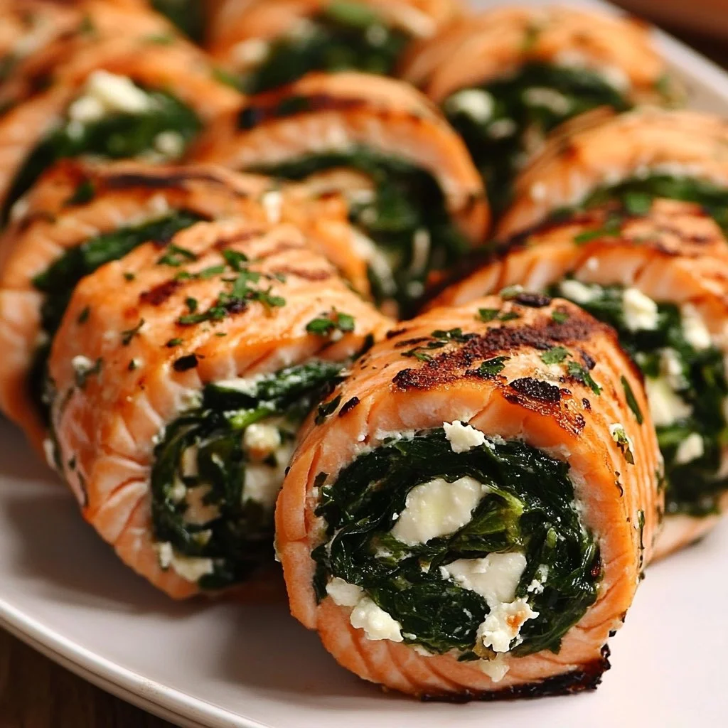 Spinach and feta stuffed salmon pinwheels served on a plate.