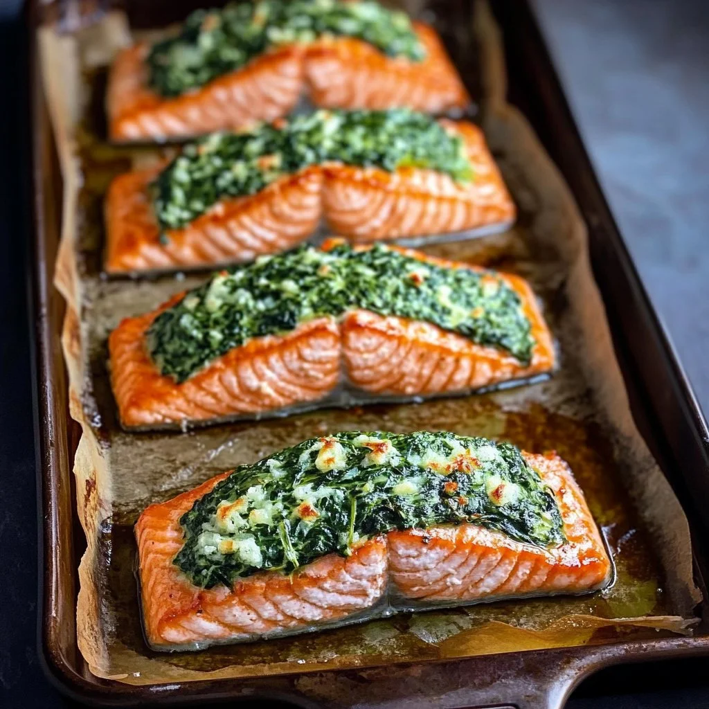 Delicious spinach stuffed salmon garnished on a white plate.