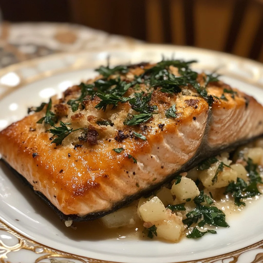 Plate of delicious stuffed salmon garnished with herbs