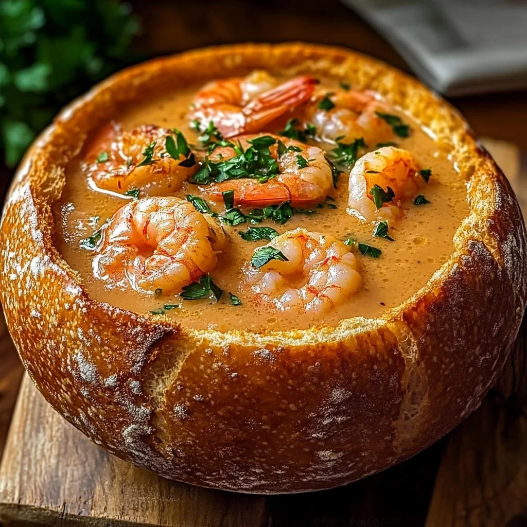 Stuffed seafood bread bowl filled with shrimp, crab, and creamy sauce.