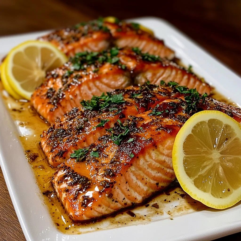 Grilled salmon fillet styled like Texas Roadhouse, garnished with fresh herbs.