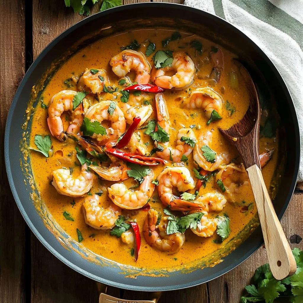 Bowl of Thai Coconut Shrimp Curry with fresh herbs and rice