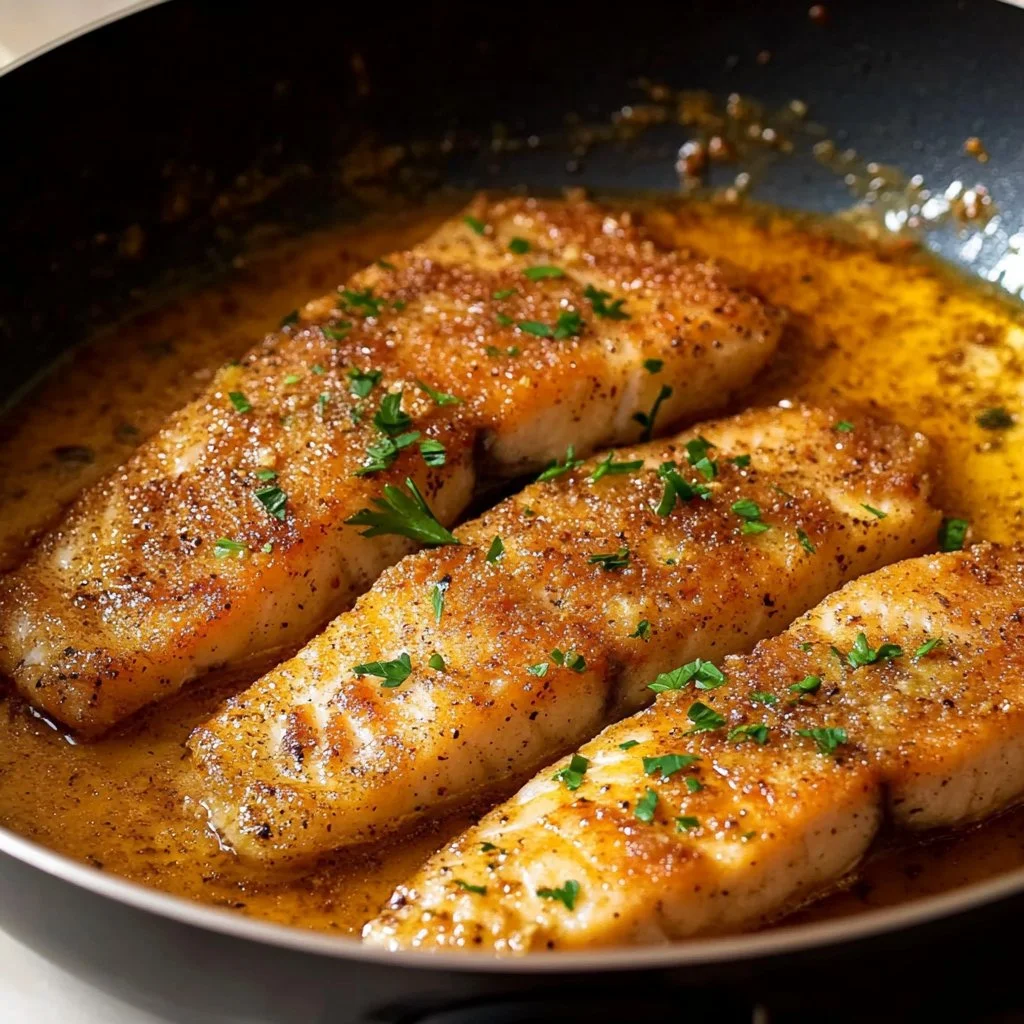Pan-fried tilapia fillet served on a plate with vegetables
