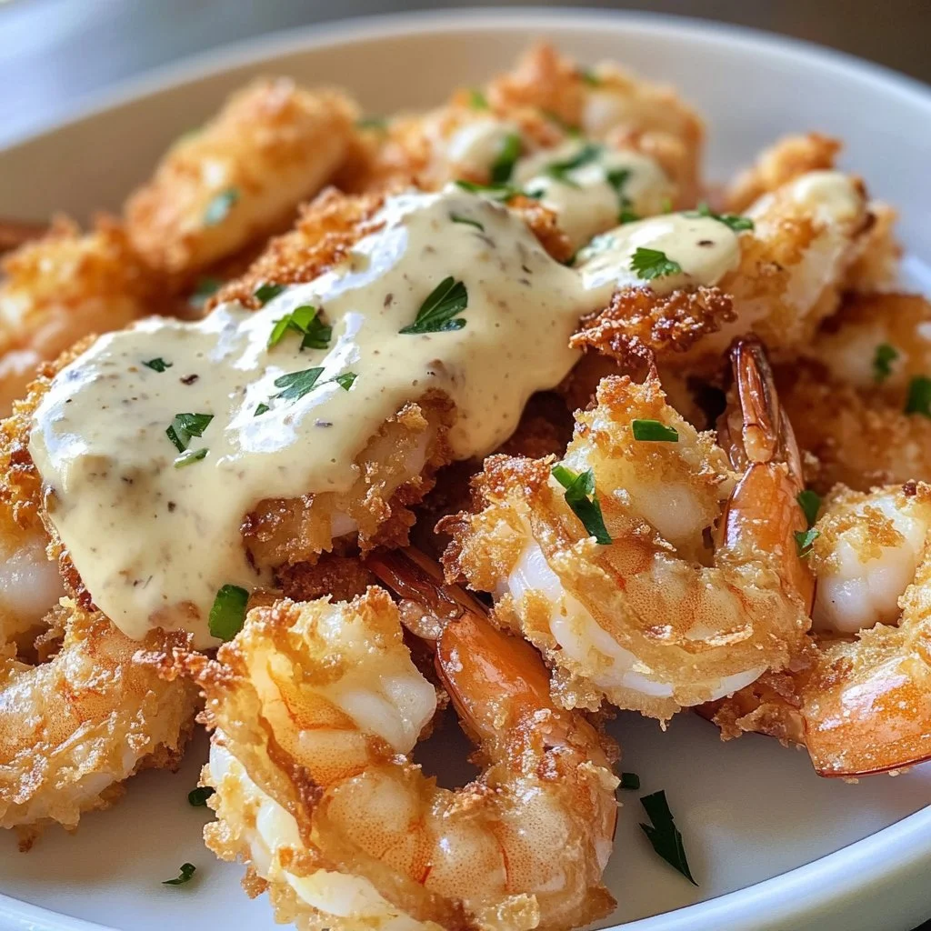 Delicious coconut shrimp with creamy mayo sauce on a tropical plate