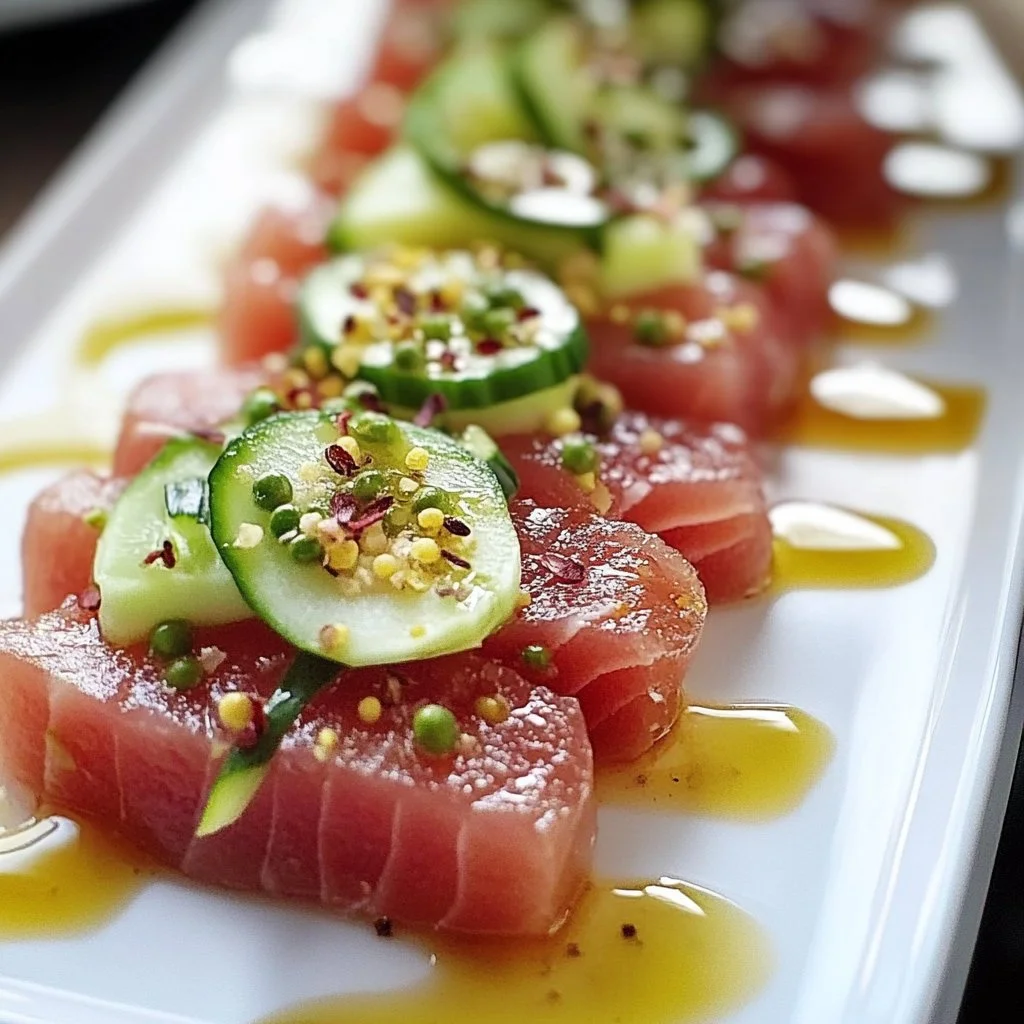 Plate of Tuna Crudo garnished with herbs and citrus, showcasing fresh raw tuna.