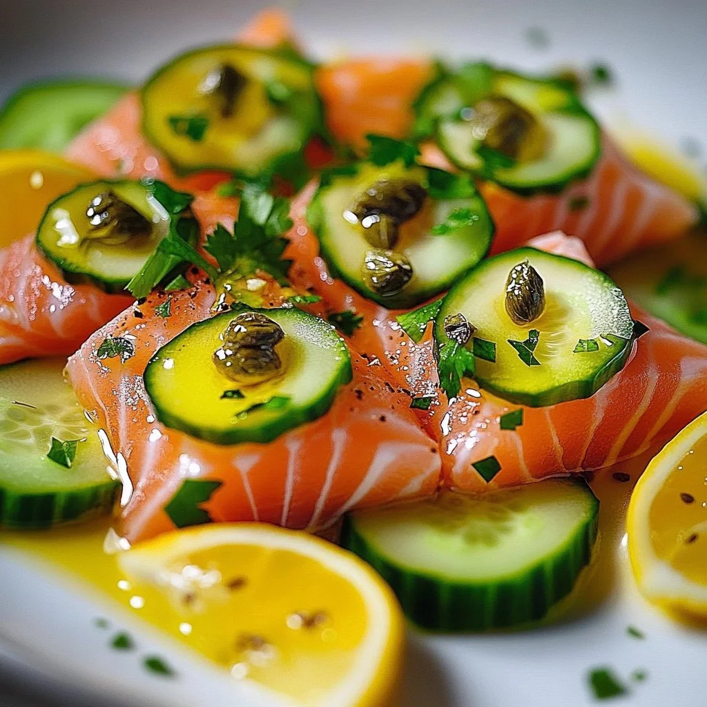 Tuna Crudo topped with Citrus Caper Vinaigrette on a white plate