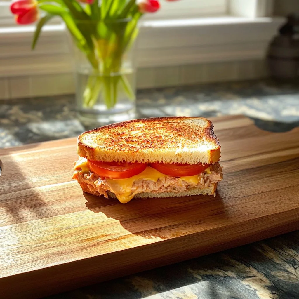 Delicious homemade tuna melt sandwich with cheese and crispy bread