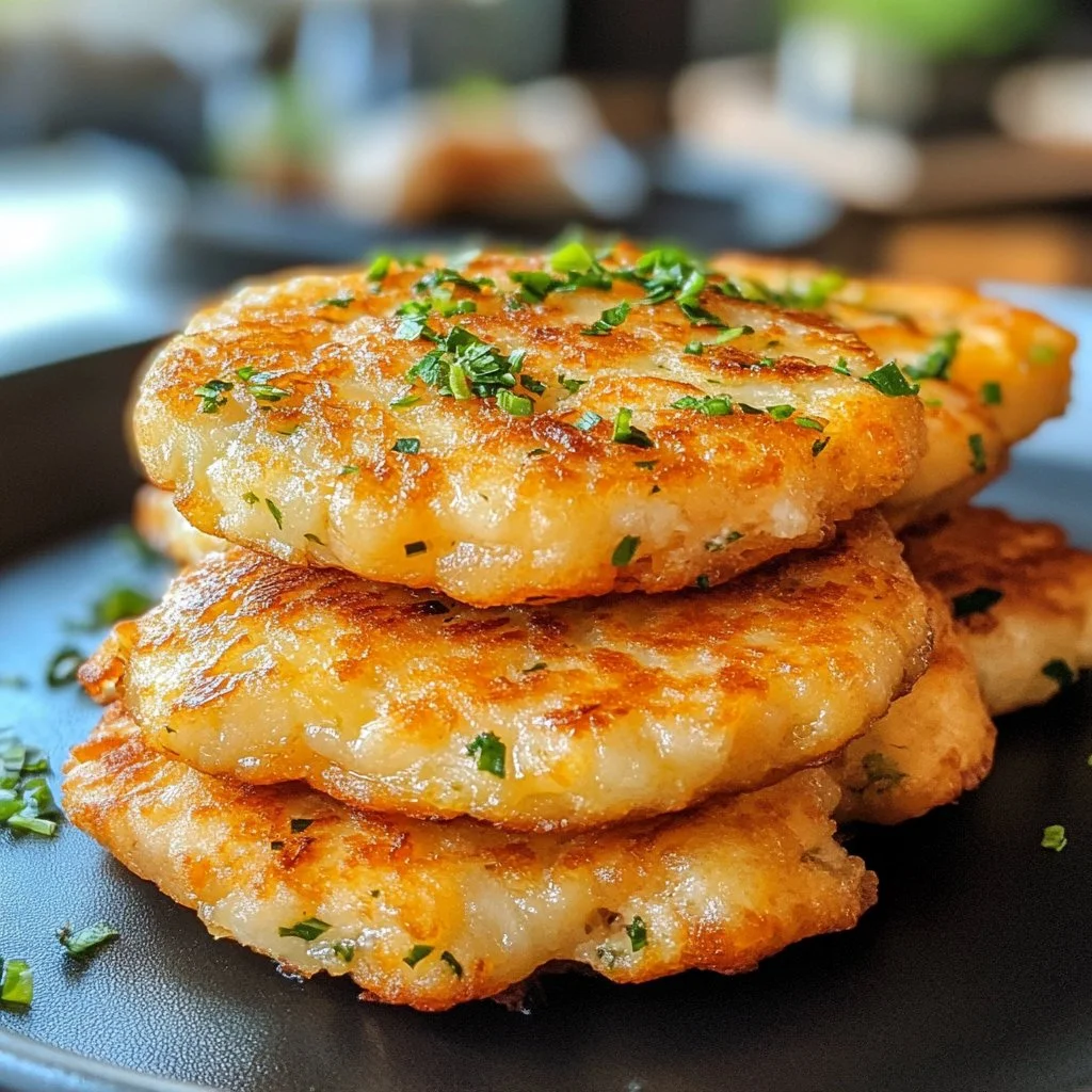 A plate of golden brown tuna melt fritters garnished with herbs.