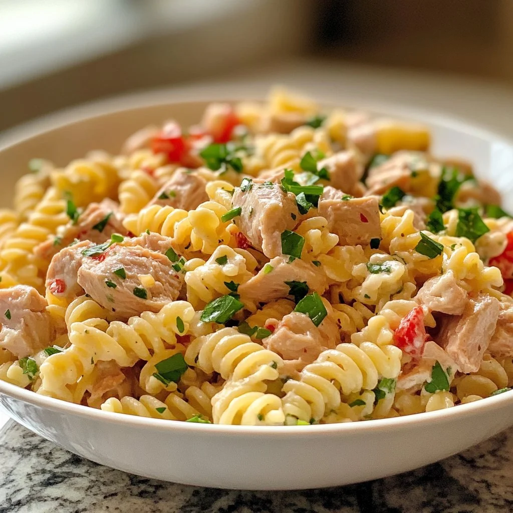 Bowl of colorful and fresh Tuna Pasta Salad with veggies and dressing