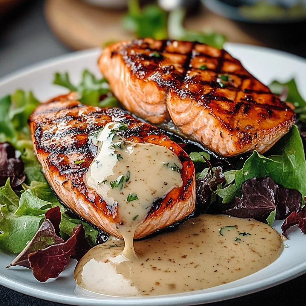 Tuna steaks served with creamy garlic sauce and a fresh salad on a plate