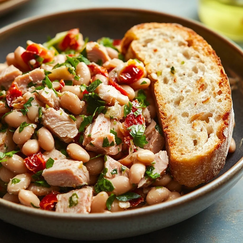 A fresh Tuna-White Bean Salad served in a bowl with greens and lemon