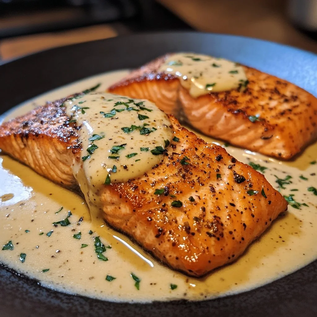 Tuscan pan seared salmon served in a creamy Parmesan sauce