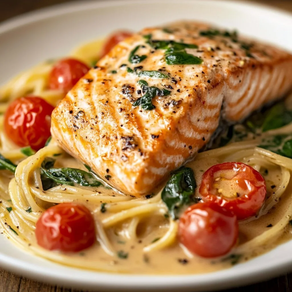 Delicious Tuscan Salmon with tomatoes and herbs on a plate
