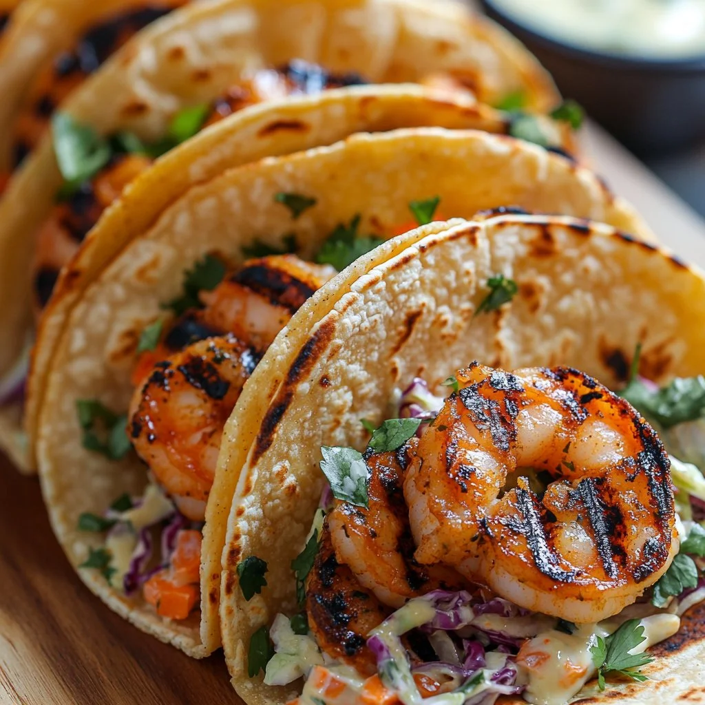 Zesty cilantro lime shrimp tacos served with creamy slaw on a plate