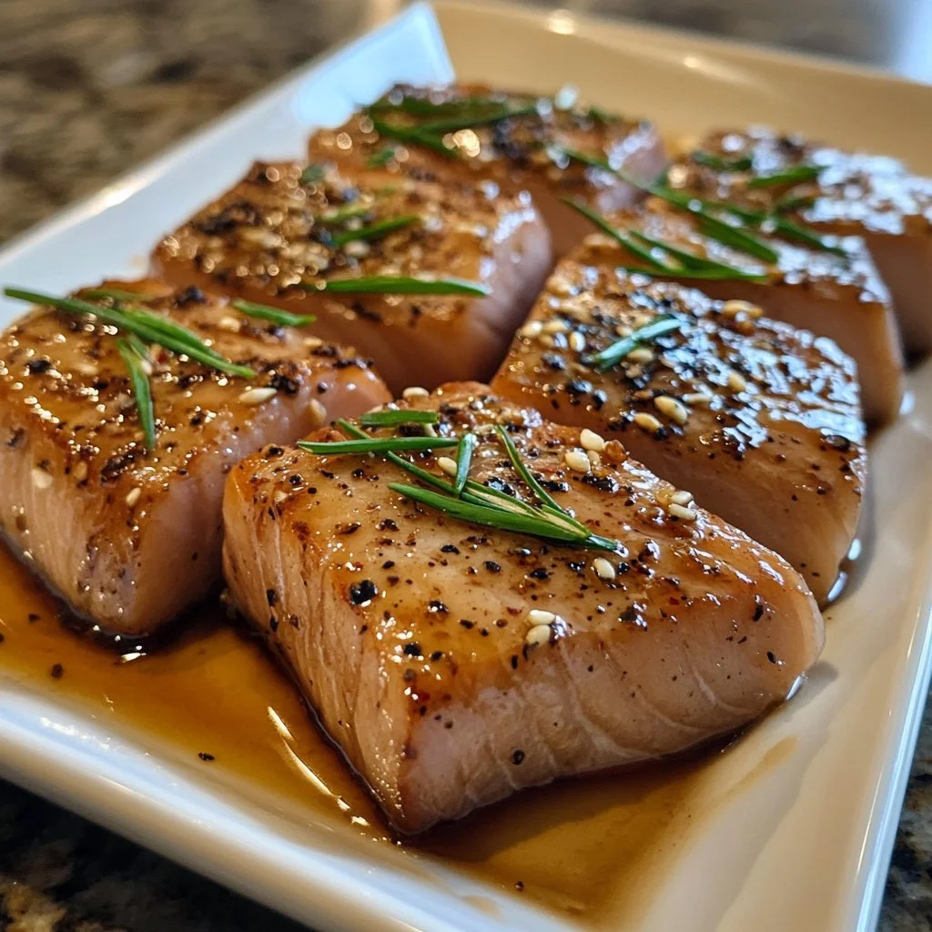 Ahi tuna fillets marinating in a flavorful sauce for grilling