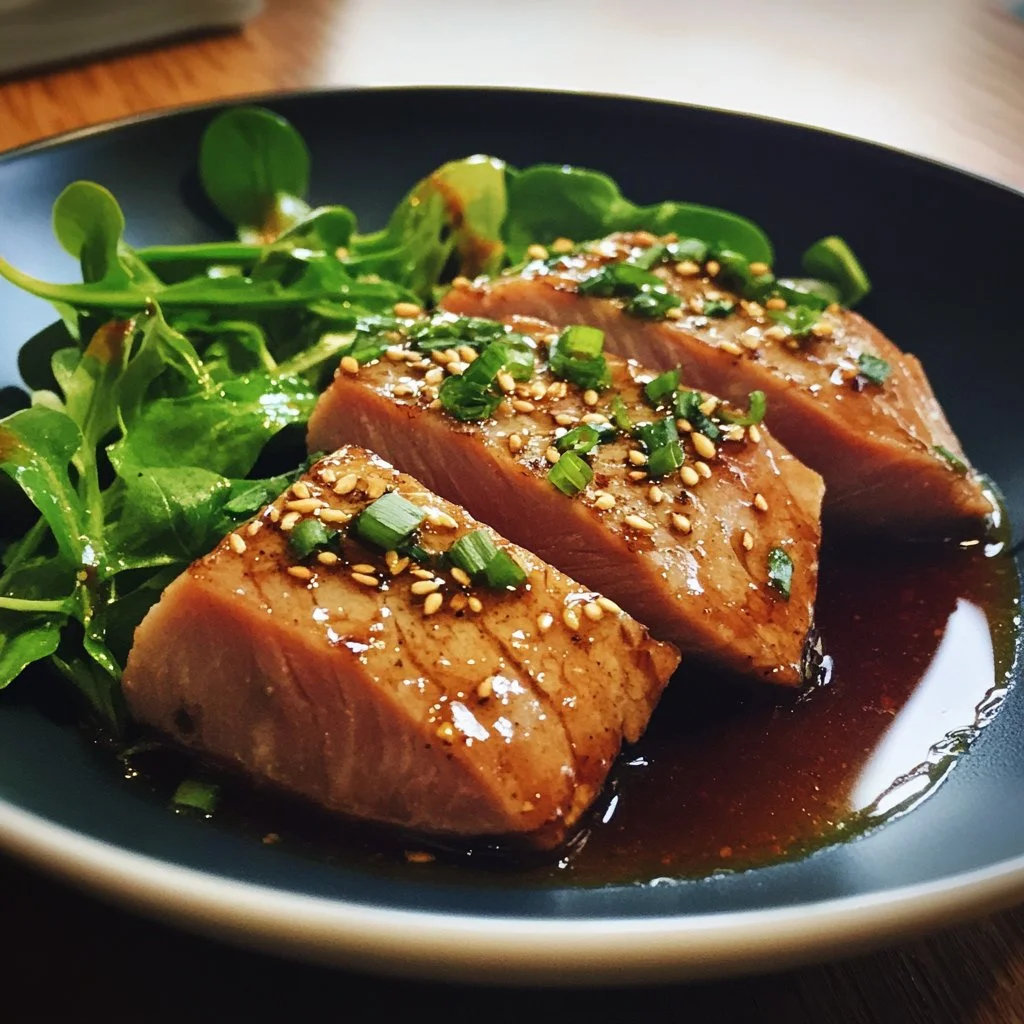 Ahi tuna steak glazed with soy ginger sauce on a plate