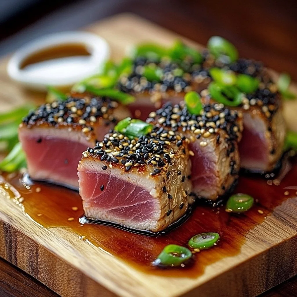 Ahi Tuna Steak drizzled with soy ginger glaze on a plate